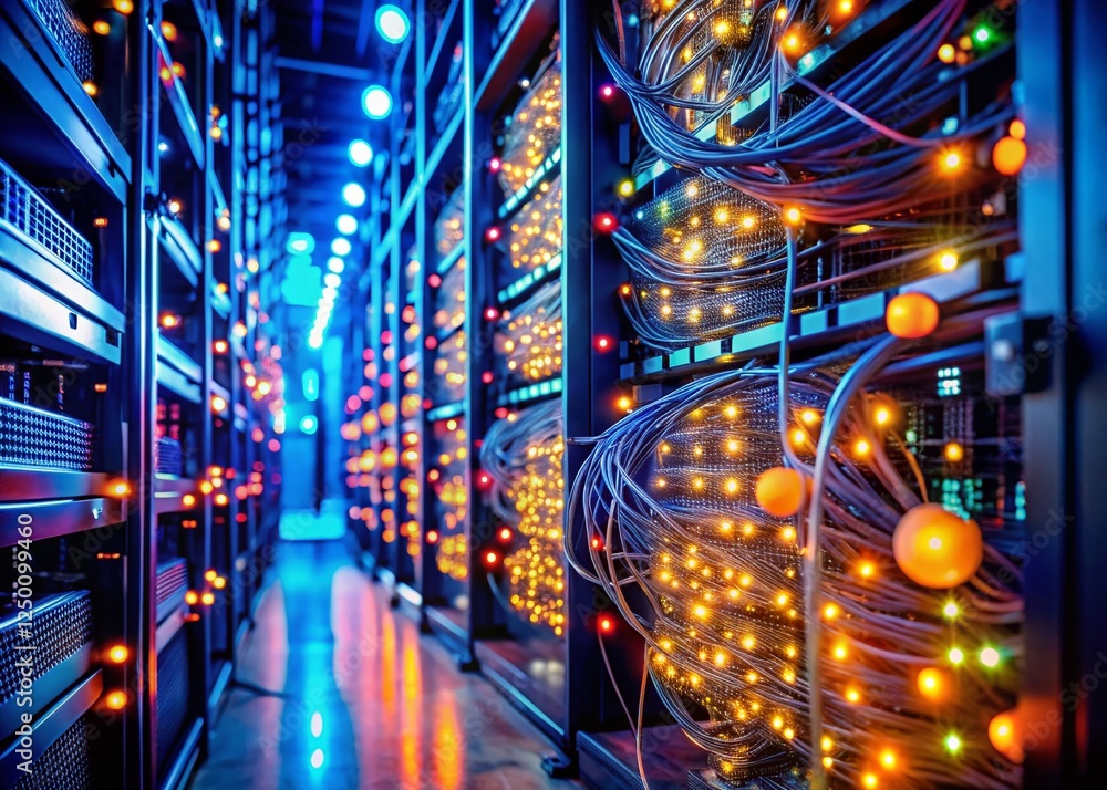 Poster 4k bokeh server room: internet communication network loop