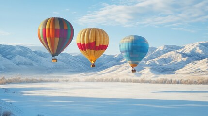 Obraz premium Hot air balloons gracefully moving above a snowy landscape, crisp white background offering excellent copy space for winter-themed designs.