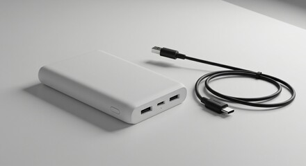 Fototapeta premium A sleek white power bank with dual USB ports and a black Type-C charging cable, placed on a clean surface, showcasing a modern and minimalistic design.