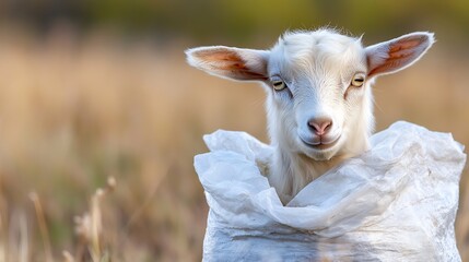 Fototapeta premium Cute Goat with Soft White Fur Peeking Out from a Torn Plastic Bag on a Sunny Day in a Meadow : Generative AI