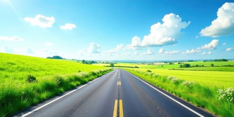 Asphalt Road Through Vibrant Green Fields Under a Sunny Sky with Fluffy White Clouds