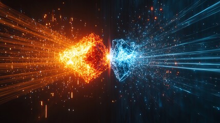 Fototapeta premium Fiery orange and icy blue energy clash dramatically vivid contrasting light beams explode outward. AI Generated