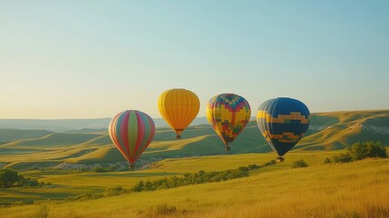 Fototapeta premium Majestic hot air balloons of various colors and patterns soaring above rolling green fields under a golden sunrise, vast sky offering ample copy space for creative designs.