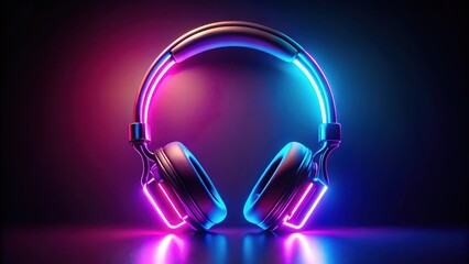 Neon glowing headphones on a dark background with electro house music vibes , neon lights, high tech accessories