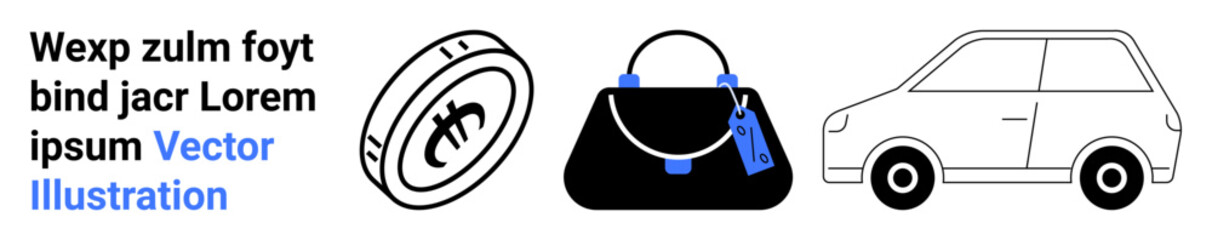Coin, a tagged handbag, and a small car symbolizing currency, fashion, and transportation. Ideal for e-commerce, shopping, travel, trade retail lifestyle and flat landing page banner