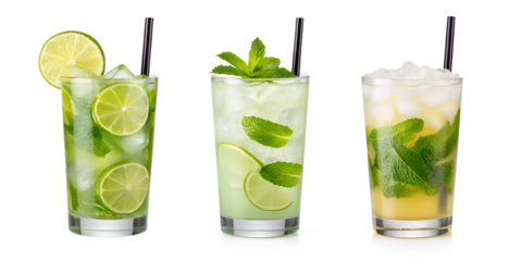 Caipirinha and Mojito cocktail on white, refreshing drink collection, Cut Out