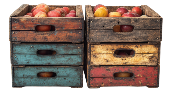A rustic display of fresh apples in vintage wooden crates. Vibrant colors of apples contrast beautifully with the weathered wood of the crates.