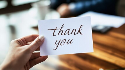 A handwritten "thank you" note being placed on a table.