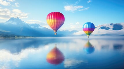 Fototapeta premium Rainbow balloons floating over a calm lake, their reflections shimmering in the water, leaving vast sky as copy space.
