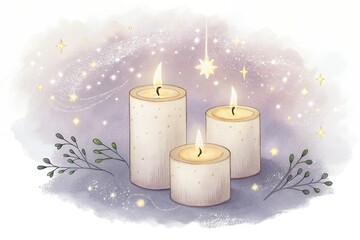 Magical Lit Candles Stars Greenery Watercolor Illustration Cozy Winter Festive Spiritual Hopeful