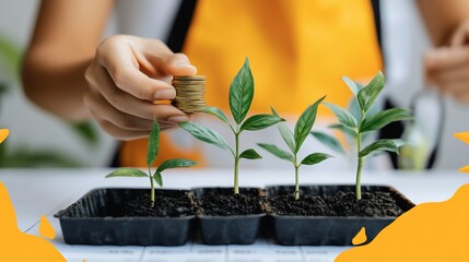 Woman planting coins, growth, finance, office, investment