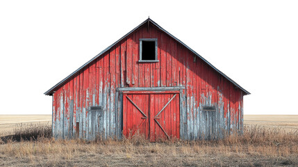 Naklejka premium A rustic red barn stands in an open field, showcasing weathered wood and a classic gable design. A picturesque element of rural architecture.