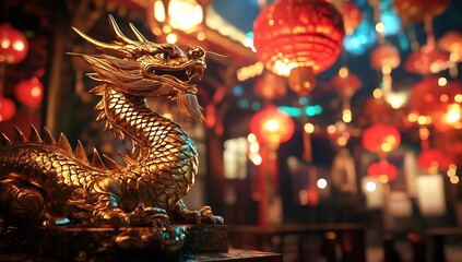 Obraz premium Golden Dragon Statue Rests Serenely Amidst Festive Lanterns, Illuminating Cultural Heritage