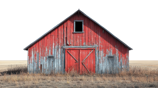 A rustic red barn stands in an open field, showcasing weathered wood and a classic gable design. A picturesque element of rural architecture.