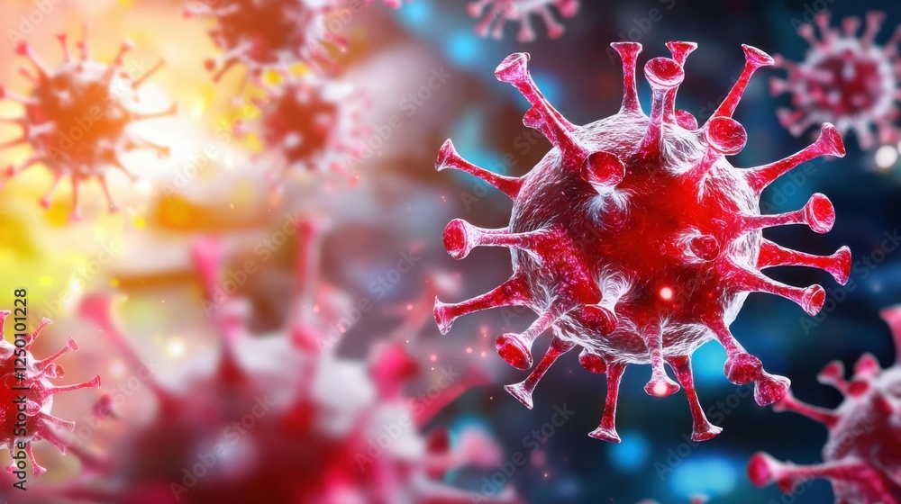 Poster microscopic red viruses 3d rendering dark background