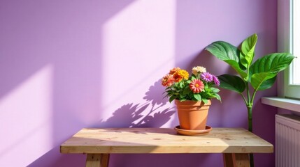 Sunlit Still Life Vibrant Blooms and Lush Foliage on a Rustic Wooden Table Against a Soft Purple Wall