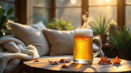 A refreshing golden beer in a glass mug, sitting on a rustic wooden table, bathed in the warm glow of the setting sun, with autumn leaves scattered around, creating a cozy and inviting atmosphere.