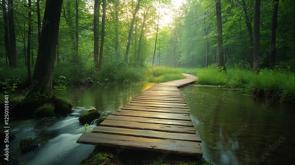 Aufkleber Serene Forest Pathway Through Lush Green Trees and Gentle Stream : Generative AI