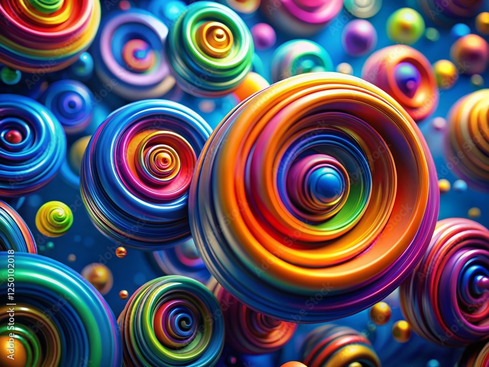 Poster abstract 3d render: vibrant spiral colorful circles tilt-shift animation
