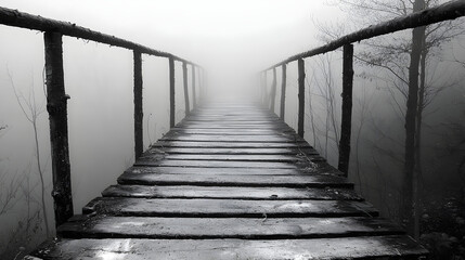 Fototapeta premium Bridge into the Mist: A wooden bridge disappears into a thick blanket of fog, shrouded in mystery and hinting at the unknown. This evocative monochrome photograph creates a sense of intrigue.