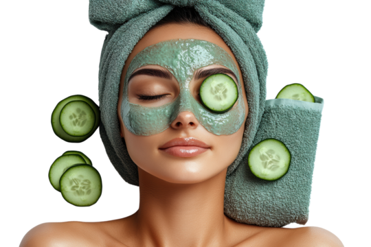 A serene woman enjoying a refreshing facial treatment with a green mask, cucumber slices, and a towel, promoting relaxation and skincare.