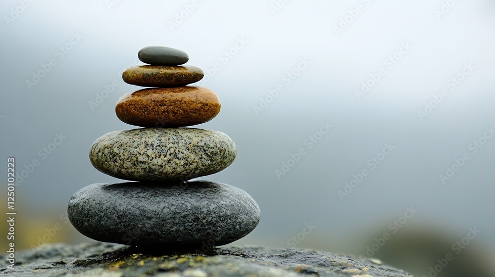 Poster Stack of smooth stones balanced perfectly on top of each other representing tranquility and Zen : Generative AI