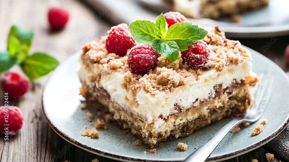 Poster Delicious Raspberry Cake with Creamy Filling and Crunchy Crust on a Plate : Generative AI