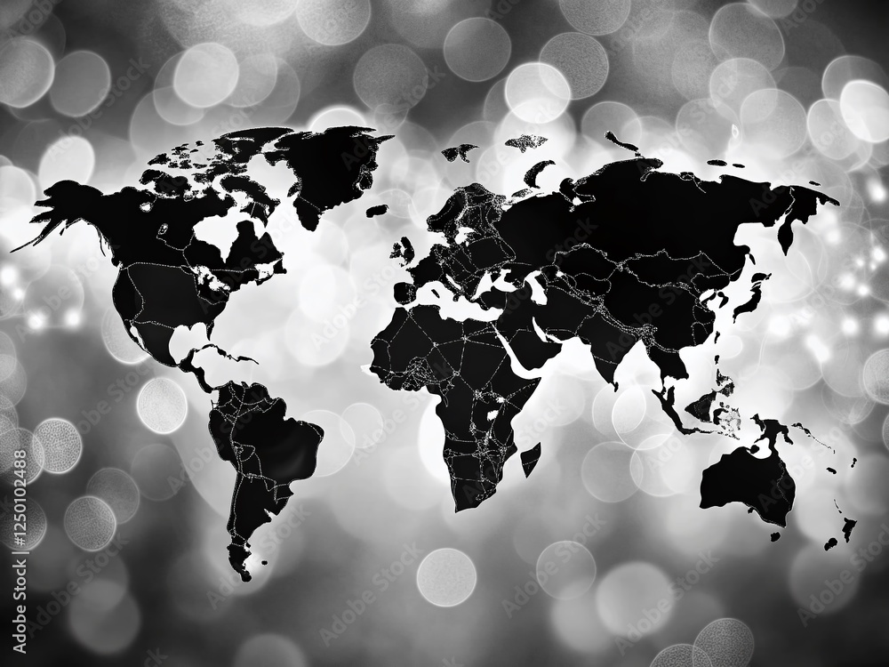 Poster abstract black and white world map with bokeh background - stock photo
