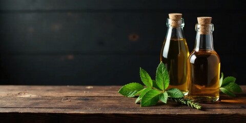 Bottles of golden oil rest on a rustic wooden surface, accompanied by fresh aromatic herbs.