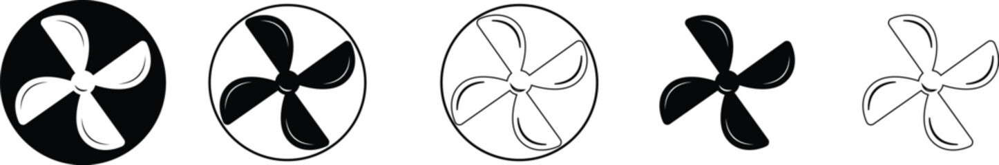 Electric fan icons set. Air conditioning heating and cooling black fan bicolor line and flat vector collection isolated on transparent background. Wind symbol , cold temperature design concepts.