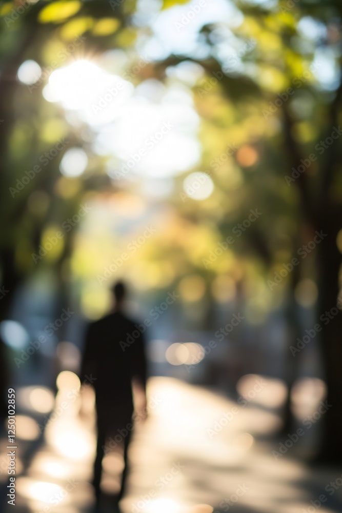Poster Abstract silhouette of a person walking through a sunlit tree lined path with bokeh effect : Generative AI
