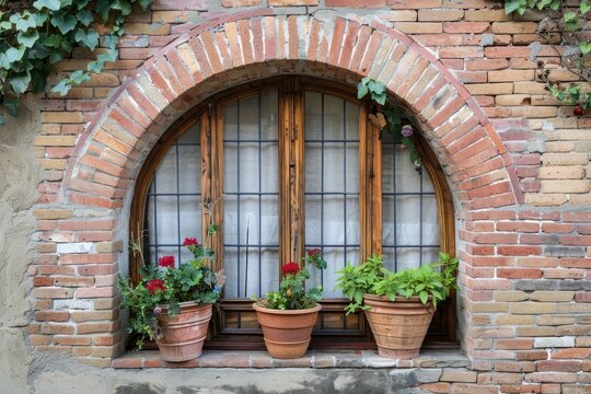 Photo of Red brick wall and arched window of classical european building in Rome. Detailed image - Powered by Adobe
