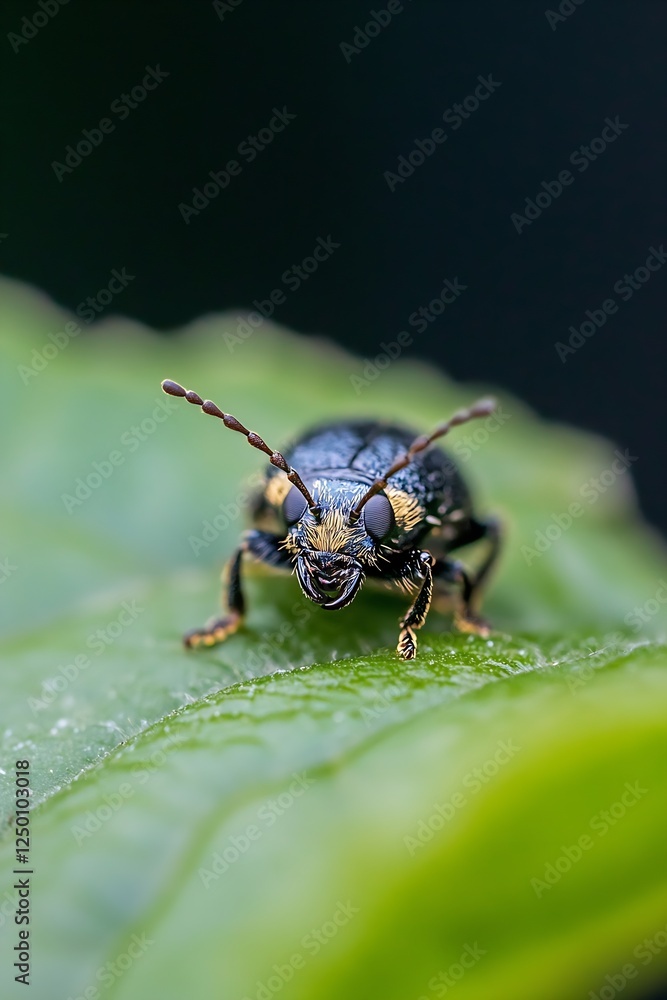 Poster close-up of a unique black beetle crawling on a green leaf : generative ai