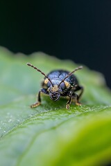 Fototapeta premium Close-up of a Unique Black Beetle Crawling on a Green Leaf : Generative AI