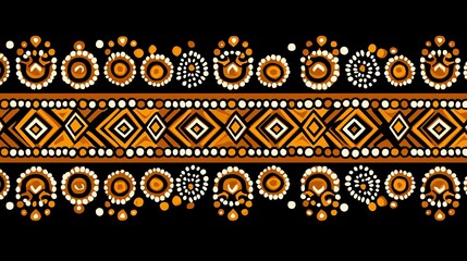 Aboriginal art border, orange and white pattern, black background, textile design