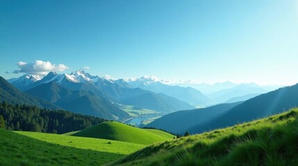 Serene Mountain Vista Rolling Green Hills Under a Vast, Azure Sky with Snow-Capped Peaks in the Distance