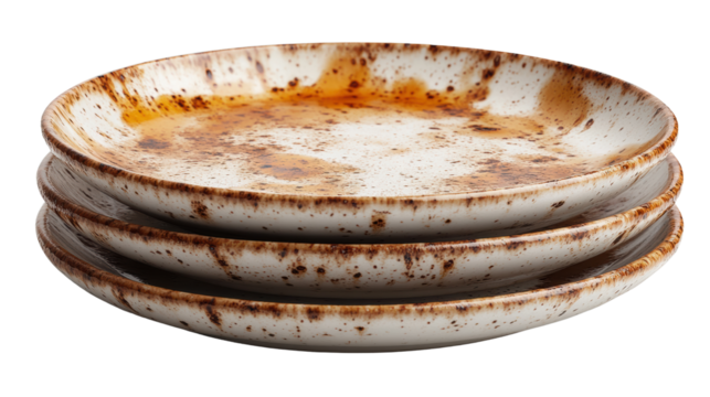 A stack of rustic, vintage plates with a textured design, showcasing earthy tones and a weathered appearance, perfect for culinary presentations.