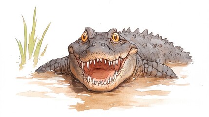 Obraz premium A smiling crocodile emerging from a river, surrounded by lush greenery, showcasing its powerful jaws