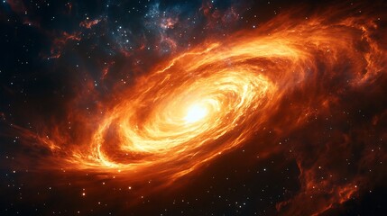 Fiery orange spiral galaxy swirls brilliantly against dark space. AI Generated