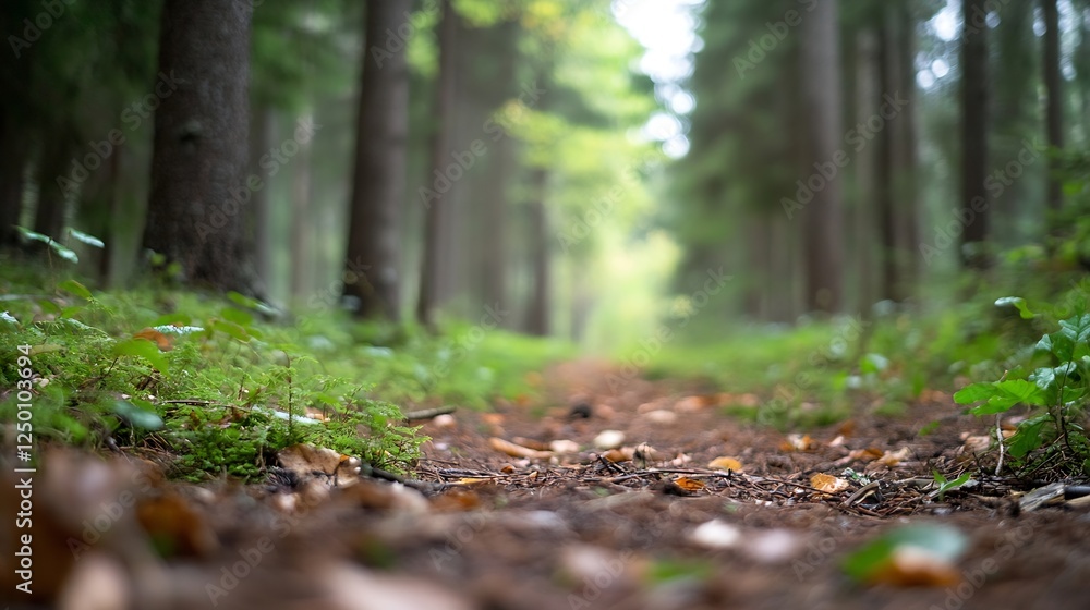 Poster Serene forest pathway with lush greenery and soft natural light creating a tranquil atmosphere for relaxation : Generative AI