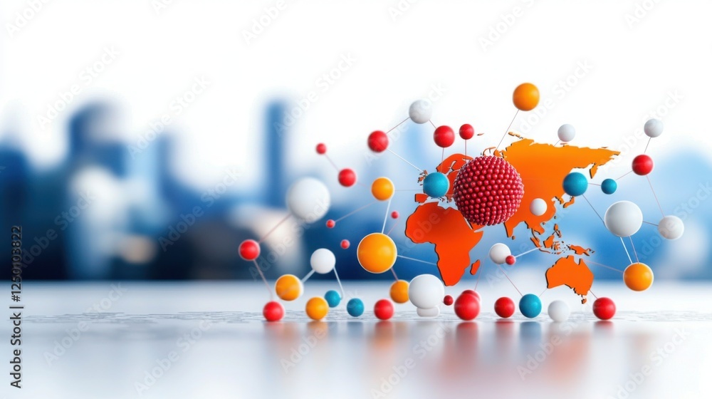 Aufkleber global virus network abstract 3d rendering with colorful spheres and cityscape background