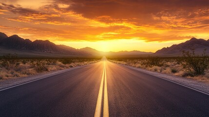 Naklejka premium Desert highway sunset, journey, mountains, travel, freedom