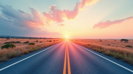Naklejka premium Asphalt ribbon unwinding towards a breathtaking sunset, golden hour illuminating the endless journey ahead