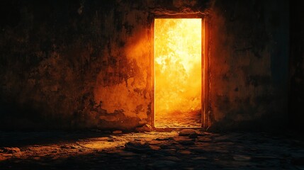 Glowing Doorway Hopeful Light Illuminates Dark Room. AI Generated