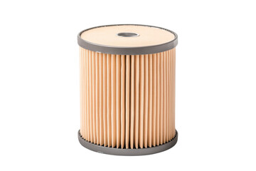 A cylindrical air filter with pleated design, showcasing its detailed structure against a white isolate background.