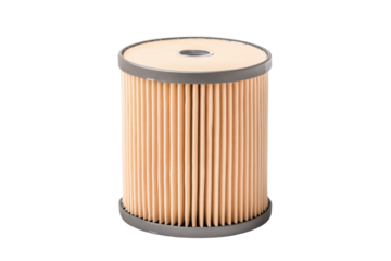 A cylindrical air filter with pleated design, showcasing its detailed structure against a white isolate background.