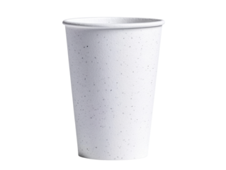 A disposable white paper cup with a speckled design, perfect for hot or cold beverages, isolated against a white background.