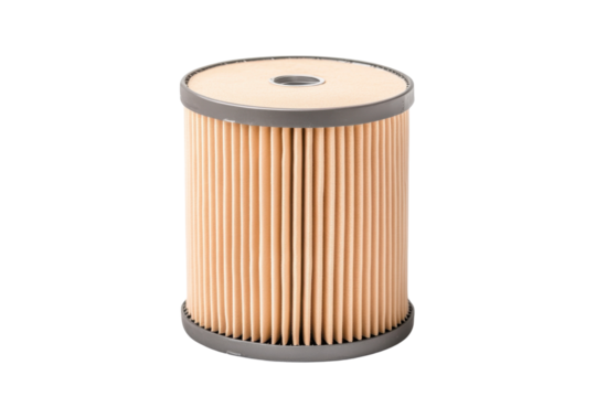 A cylindrical air filter with pleated design, showcasing its detailed structure against a white isolate background.