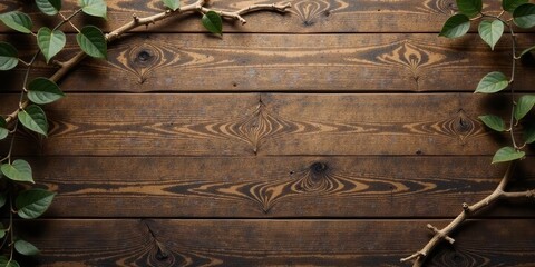 Fototapeta premium Rustic Wooden Planks Framed by Lush Greenery, Offering a Natural and Serene Background for Design Projects