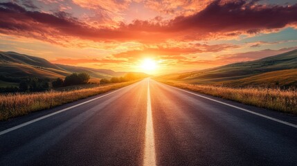 Fototapeta premium Sunset road trip, hills, summer, travel, journey